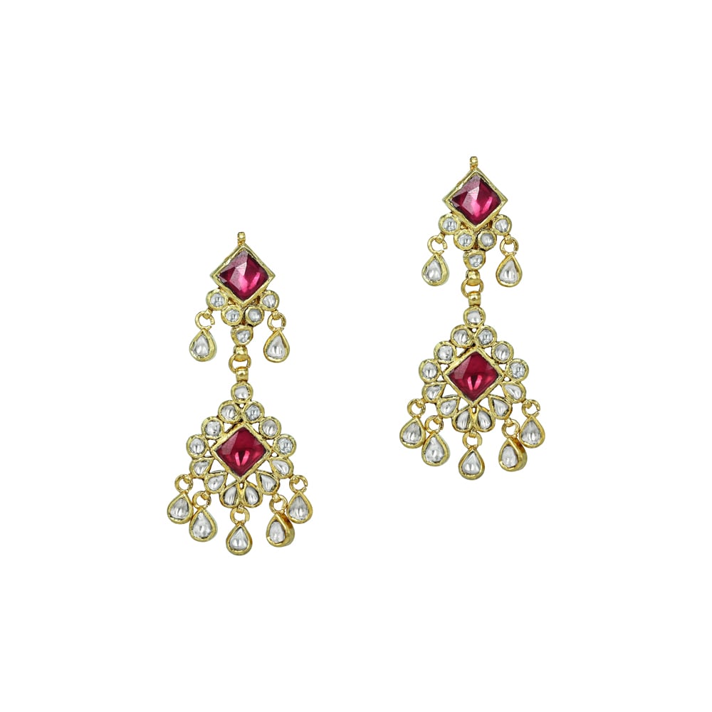 Ruby Square Chandelier Earrings with Polki Diamonds